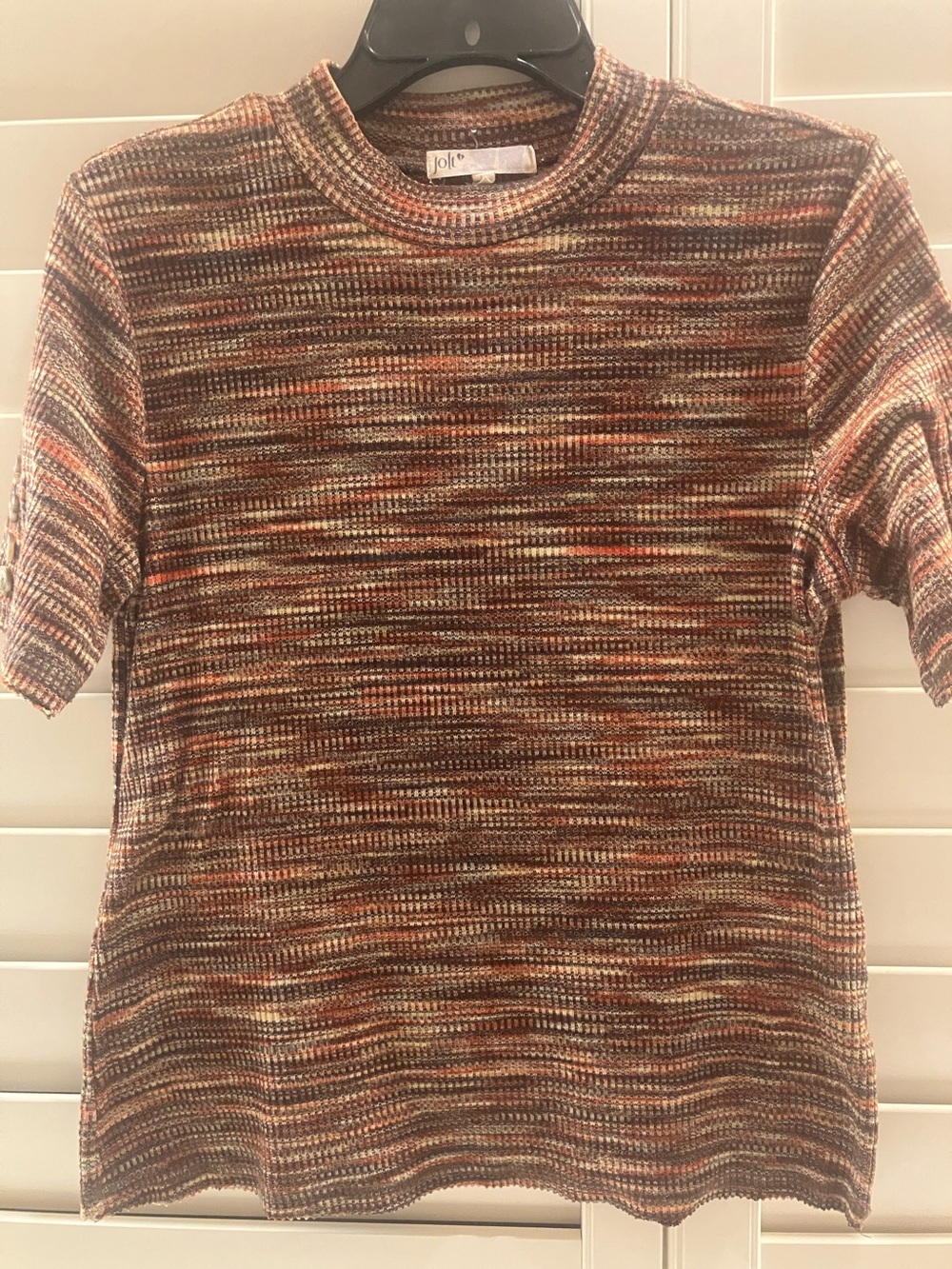 Jolt Striped Knit Short-Sleeve Sweater Top in Brown and Orange Tones